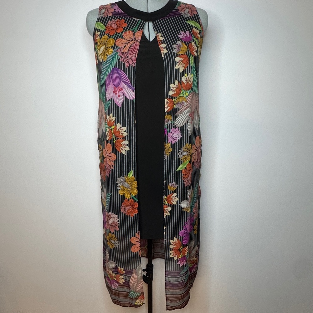 Vintage Style Black Dress with Open Front Floral Overlay